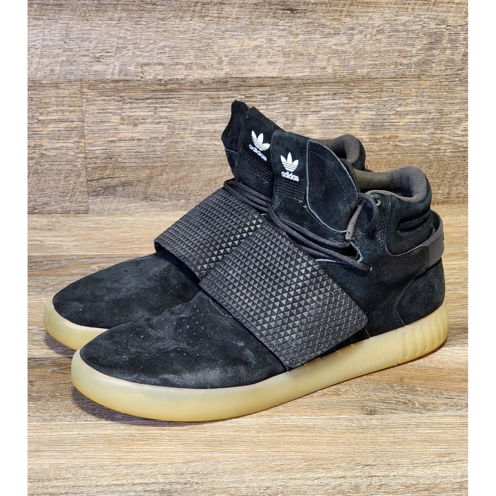 Adidas Mens 11.5 Tubular Invader Strap Sneakers Black Suede BB5037 2016 High Top